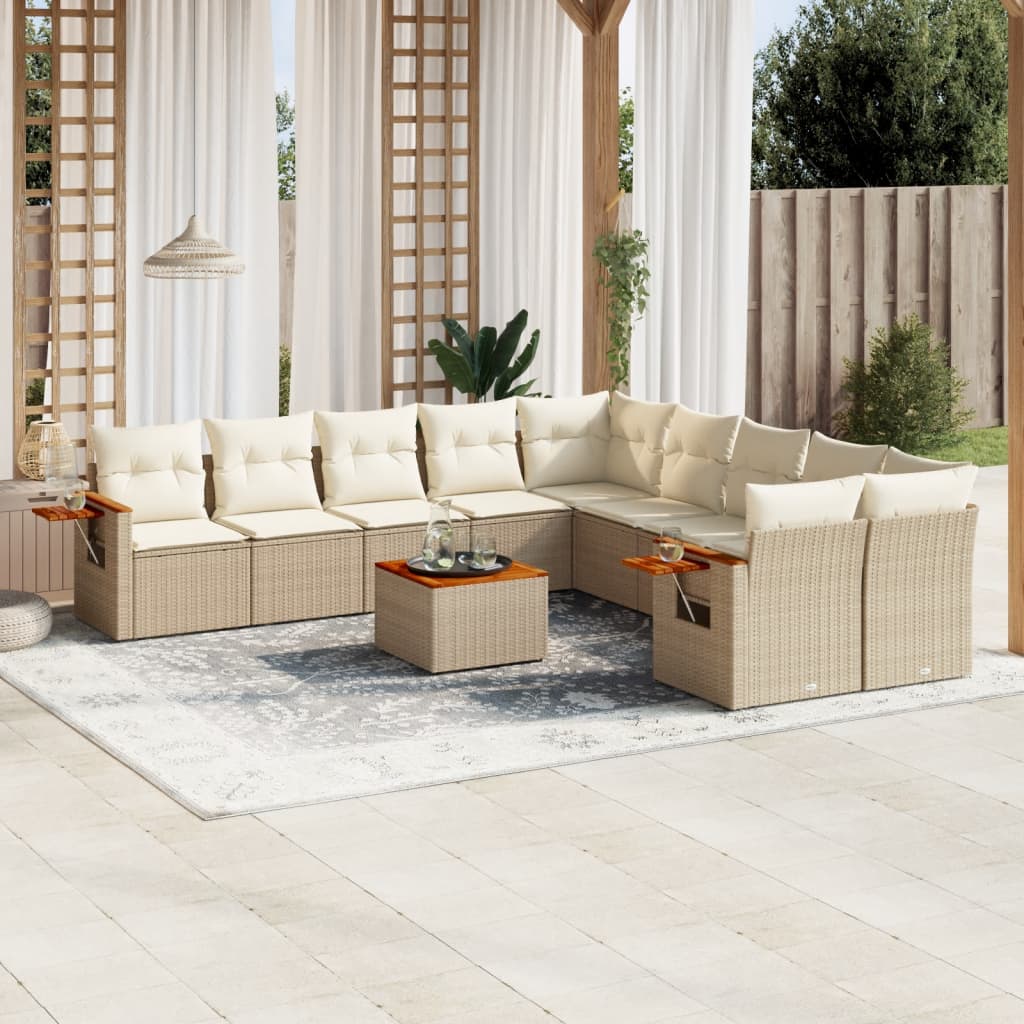 11-tlg. Garten-Sofagarnitur mit Kissen Beige Poly Rattan