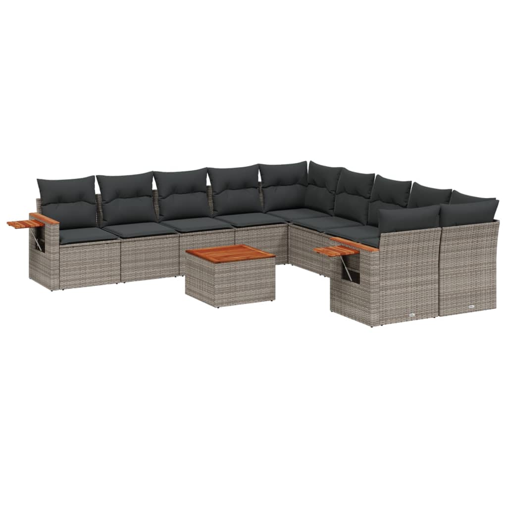 11-tlg. Garten-Sofagarnitur mit Kissen Grau Poly Rattan