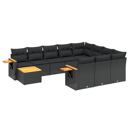 11-tlg. Garten-Sofagarnitur mit Kissen Schwarz Poly Rattan