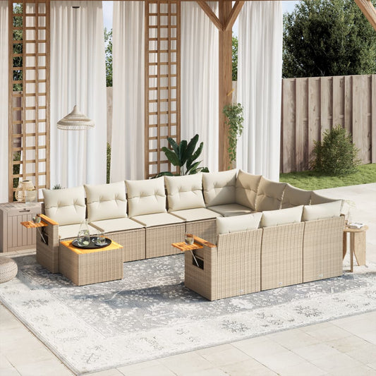 11-tlg. Garten-Sofagarnitur mit Kissen Beige Poly Rattan