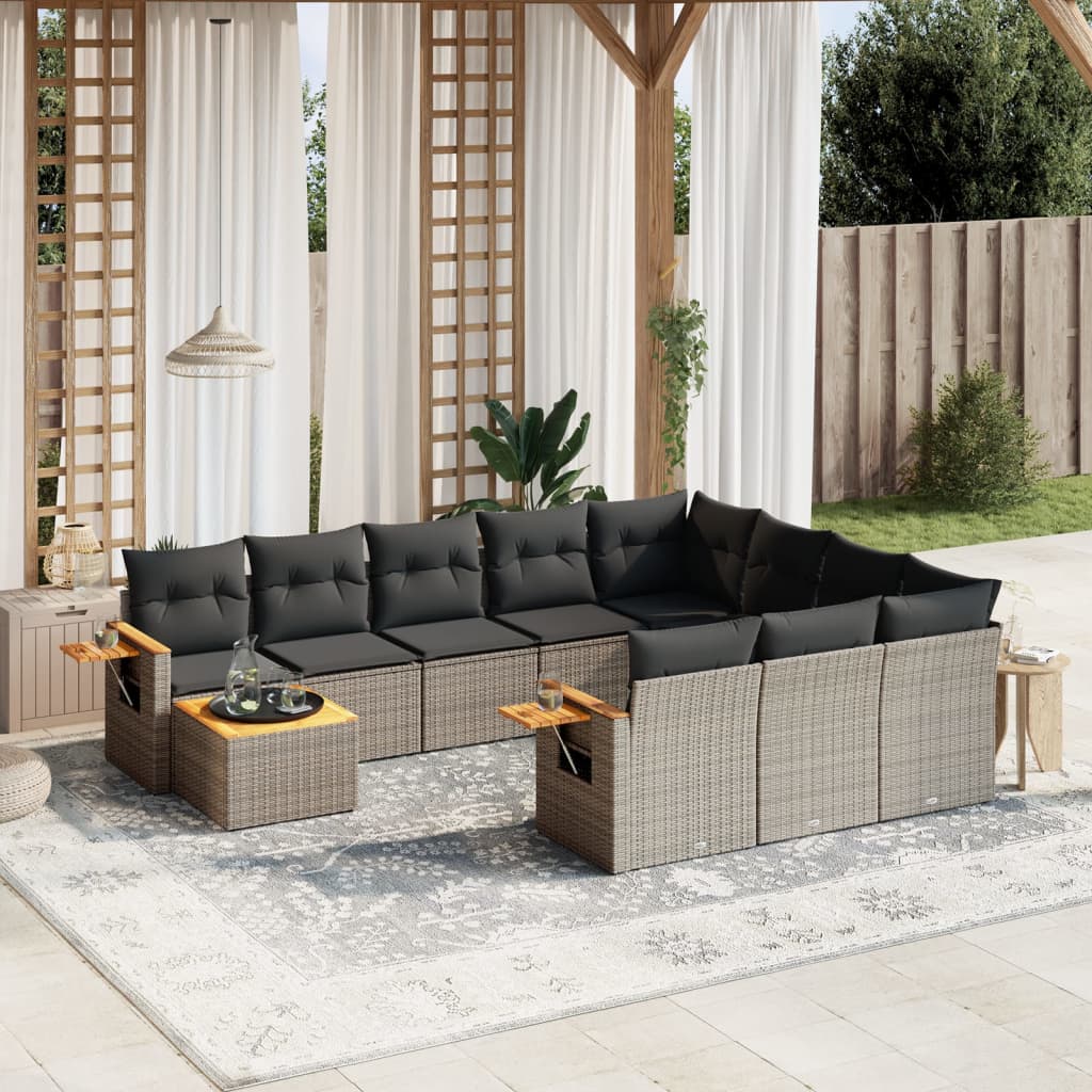 11-tlg. Garten-Sofagarnitur mit Kissen Grau Poly Rattan