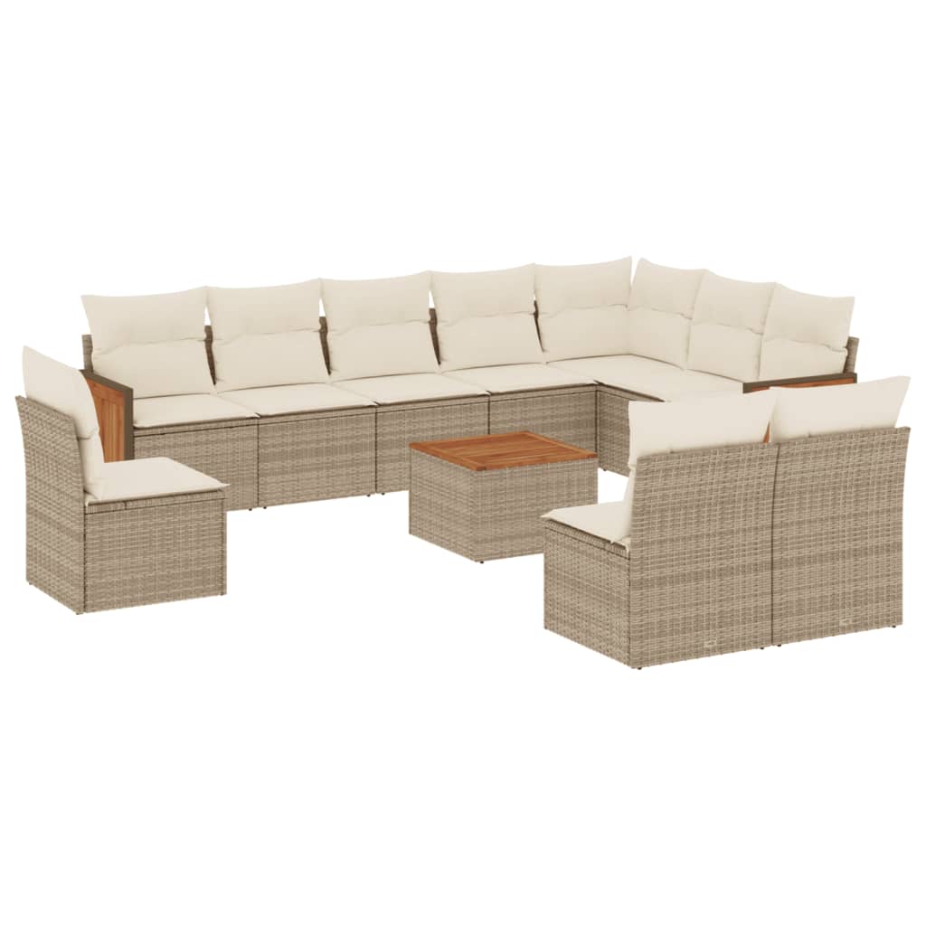 11-tlg. Garten-Sofagarnitur mit Kissen Beige Poly Rattan