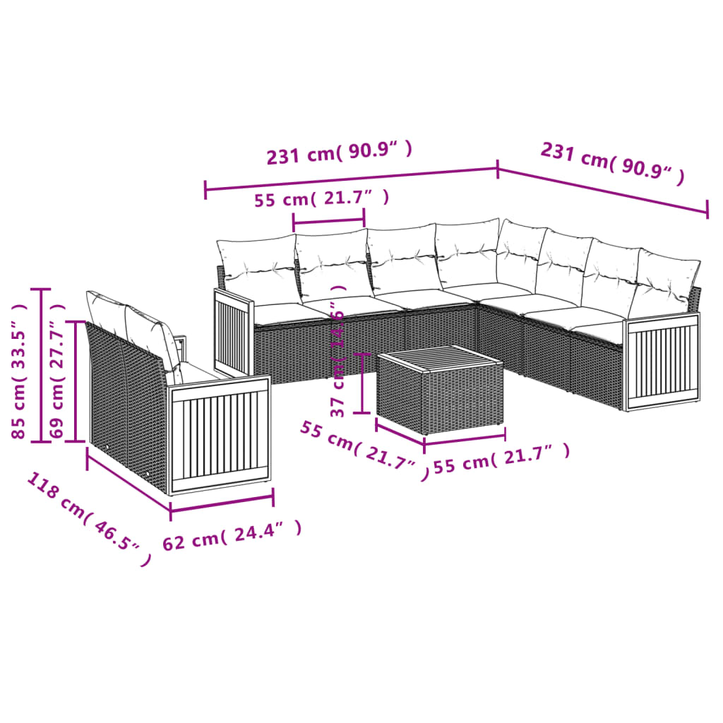 10-tlg. Garten-Sofagarnitur mit Kissen Schwarz Poly Rattan