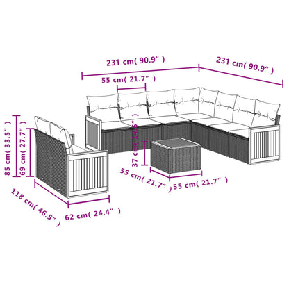 10-tlg. Garten-Sofagarnitur mit Kissen Grau Poly Rattan