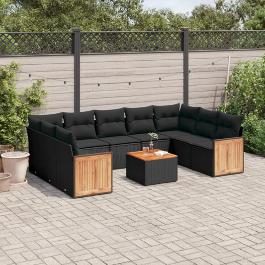 10-tlg. Garten-Sofagarnitur mit Kissen Schwarz Poly Rattan