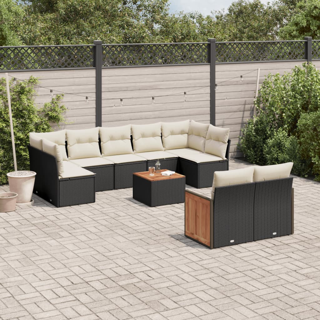 10-tlg. Garten-Sofagarnitur mit Kissen Schwarz Poly Rattan