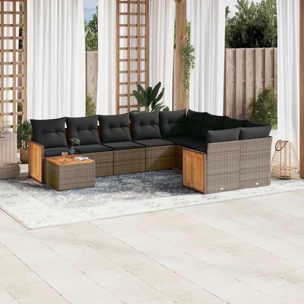 10-tlg. Garten-Sofagarnitur mit Kissen Grau Poly Rattan