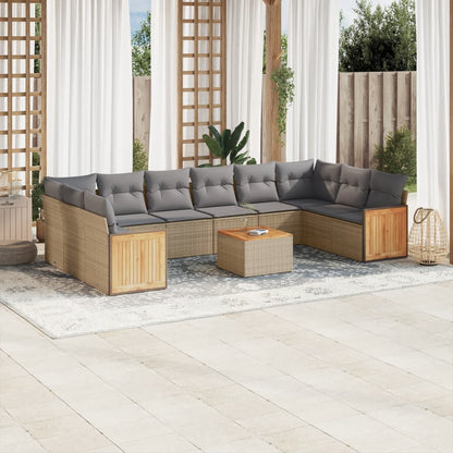 11-tlg. Garten-Sofagarnitur mit Kissen Beige Poly Rattan