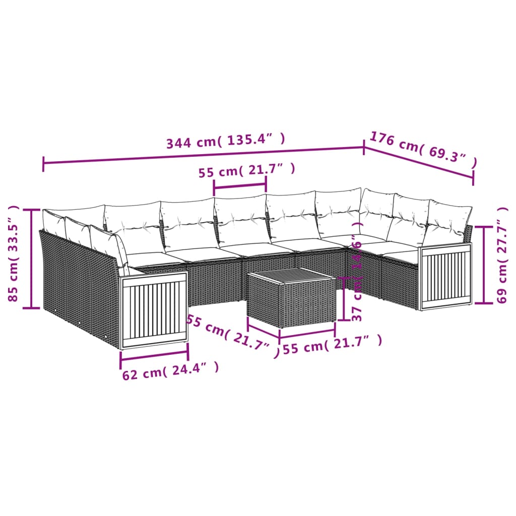 11-tlg. Garten-Sofagarnitur mit Kissen Grau Poly Rattan