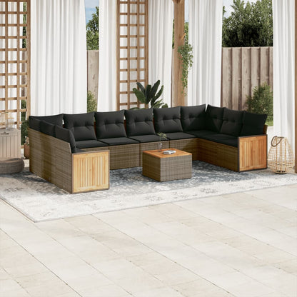 11-tlg. Garten-Sofagarnitur mit Kissen Grau Poly Rattan