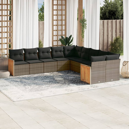 10-tlg. Garten-Sofagarnitur mit Kissen Grau Poly Rattan