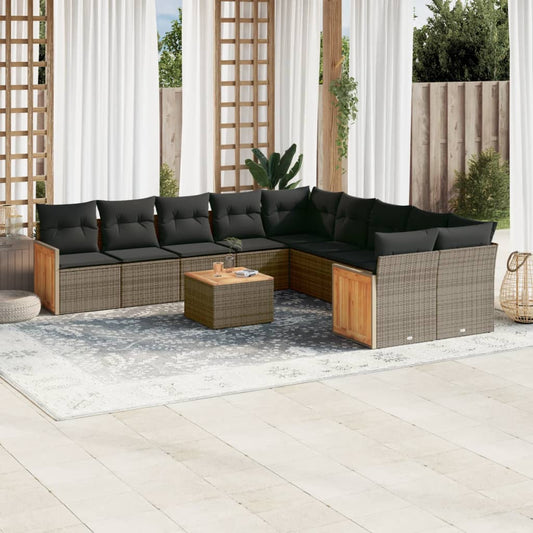 11-tlg. Garten-Sofagarnitur mit Kissen Grau Poly Rattan