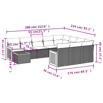 11-tlg. Garten-Sofagarnitur mit Kissen Schwarz Poly Rattan