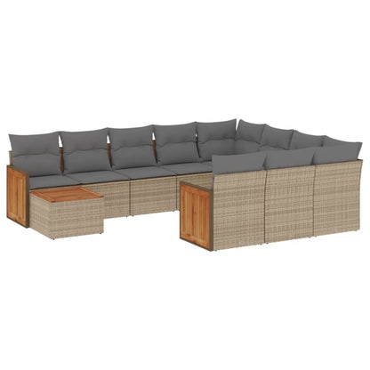 11-tlg. Garten-Sofagarnitur mit Kissen Beige Poly Rattan