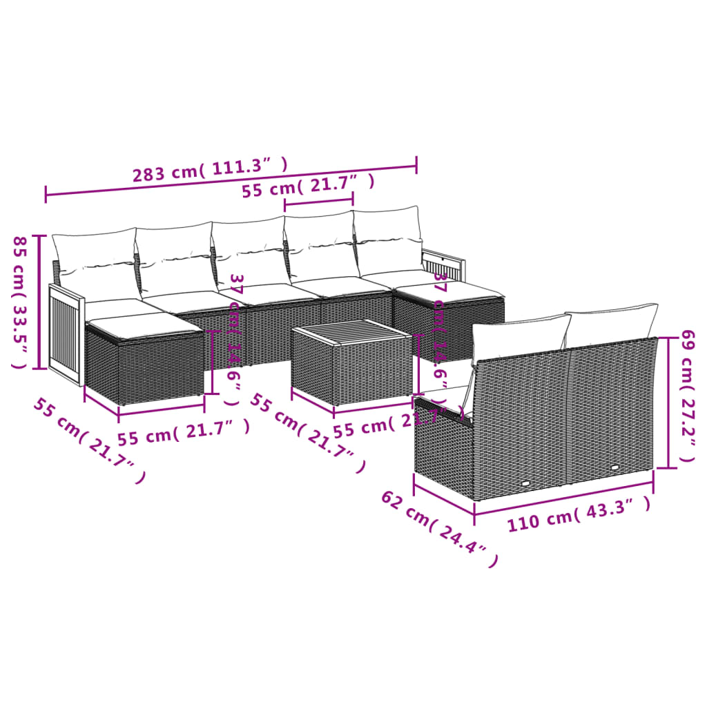 10-tlg. Garten-Sofagarnitur mit Kissen Grau Poly Rattan