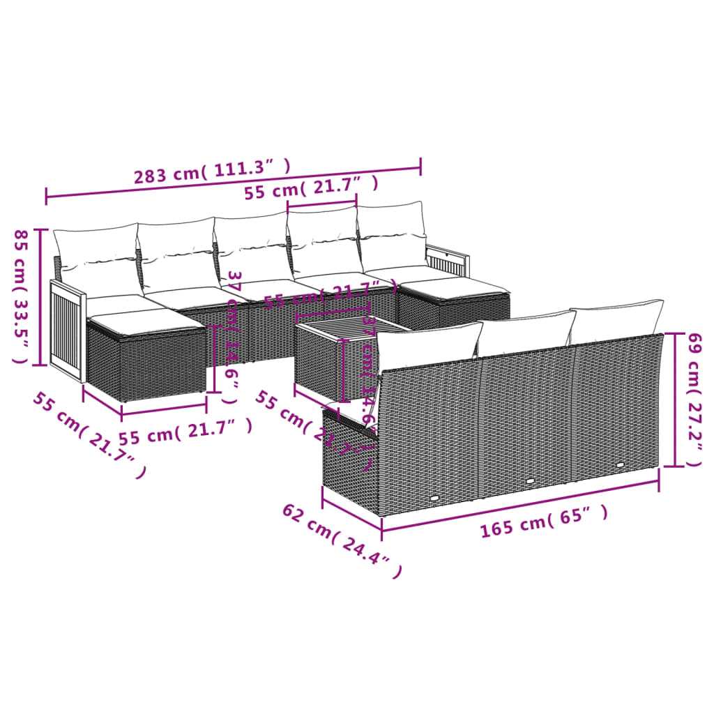 11-tlg. Garten-Sofagarnitur mit Kissen Grau Poly Rattan