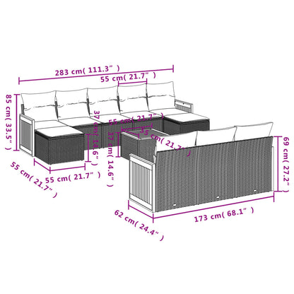 11-tlg. Garten-Sofagarnitur mit Kissen Grau Poly Rattan