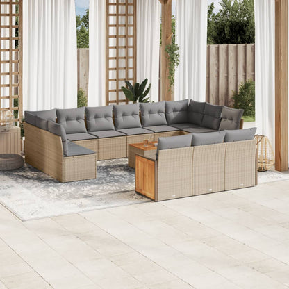 14-tlg. Garten-Sofagarnitur mit Kissen Beige Poly Rattan