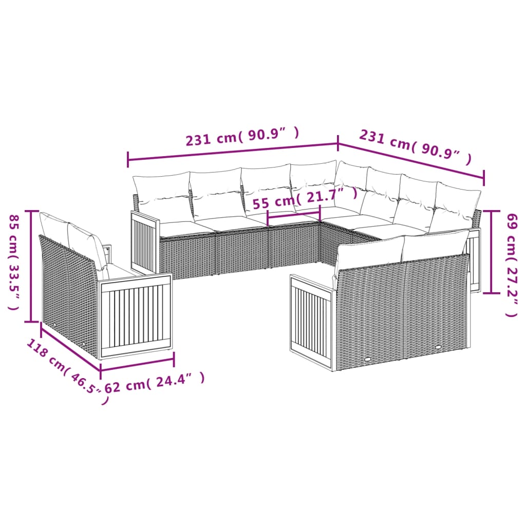 11-tlg. Garten-Sofagarnitur mit Kissen Schwarz Poly Rattan