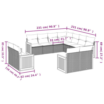 11-tlg. Garten-Sofagarnitur mit Kissen Schwarz Poly Rattan