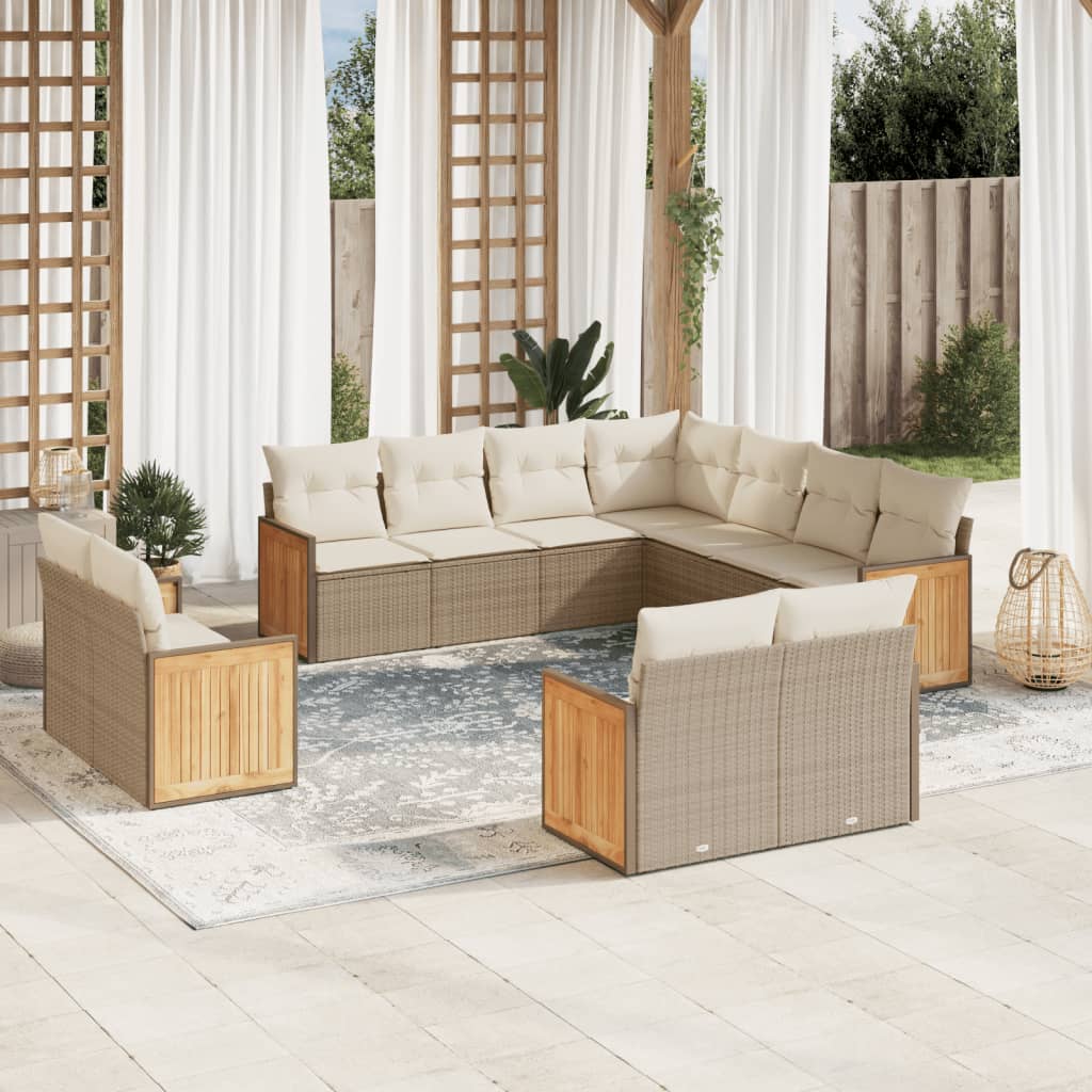 11-tlg. Garten-Sofagarnitur mit Kissen Beige Poly Rattan