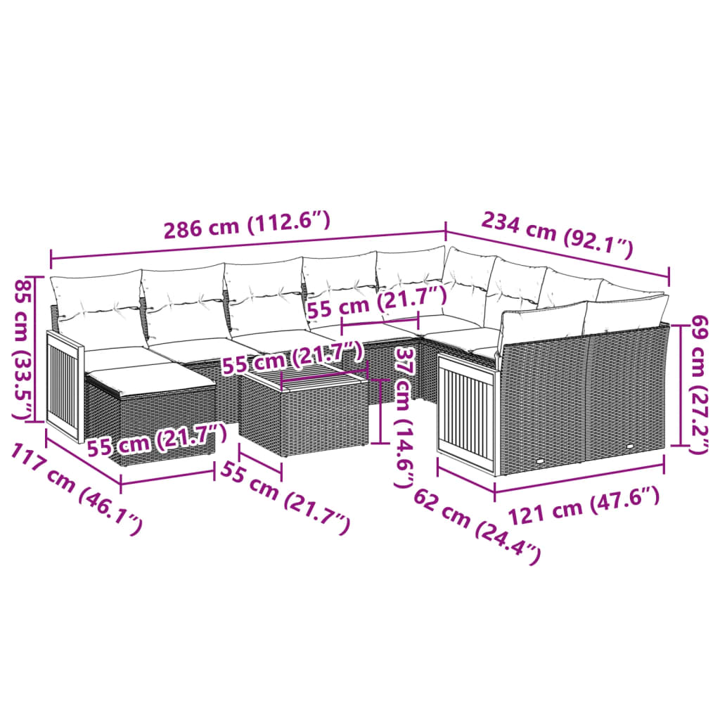 11-tlg. Garten-Sofagarnitur mit Kissen Schwarz Poly Rattan