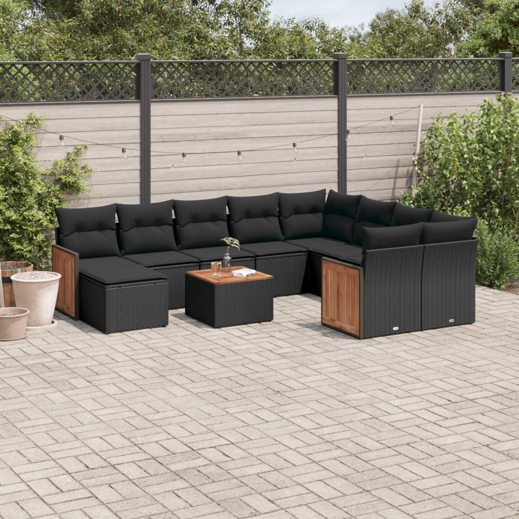 11-tlg. Garten-Sofagarnitur mit Kissen Schwarz Poly Rattan