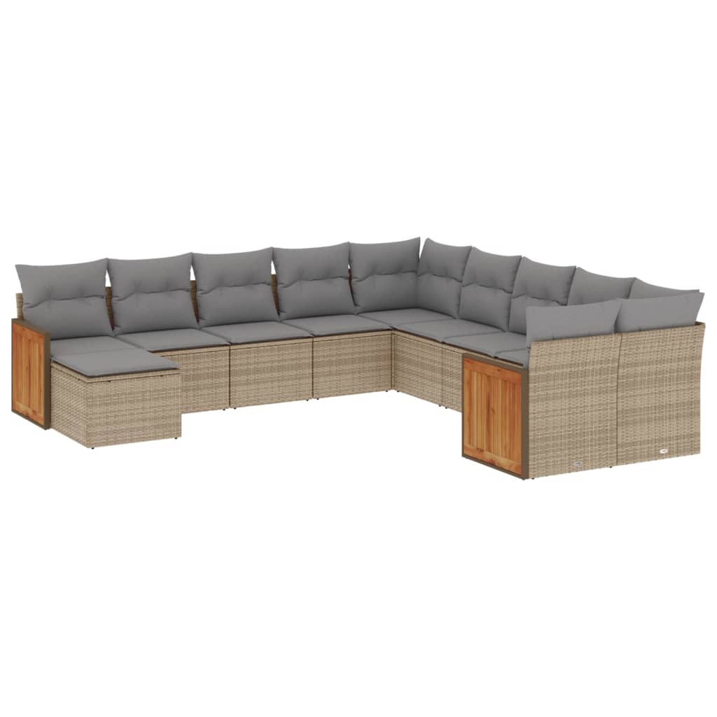 11-tlg. Garten-Sofagarnitur mit Kissen Beige Poly Rattan