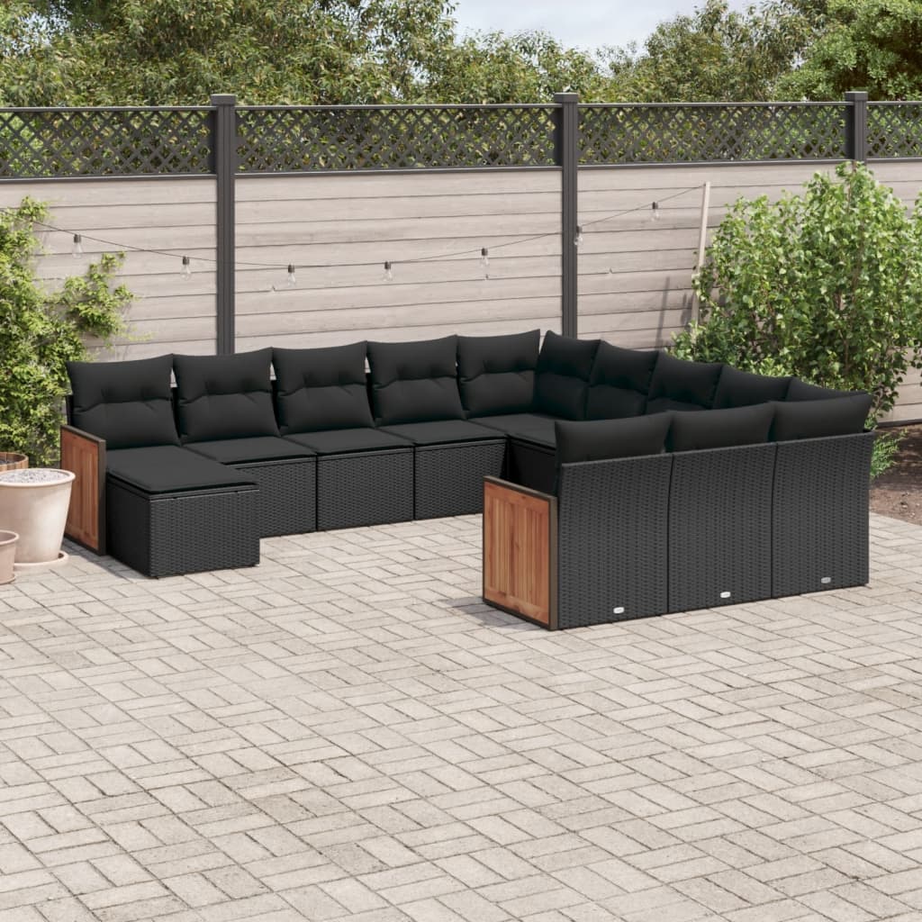 12-tlg. Garten-Sofagarnitur mit Kissen Schwarz Poly Rattan