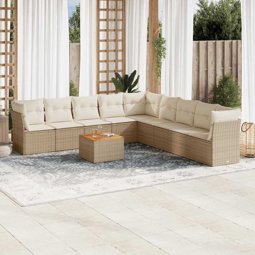 10-tlg. Garten-Sofagarnitur mit Kissen Beige Poly Rattan