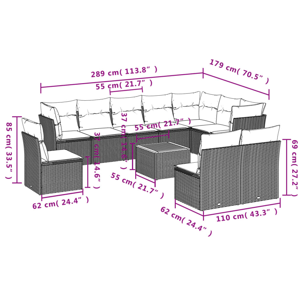 11-tlg. Garten-Sofagarnitur mit Kissen Schwarz Poly Rattan