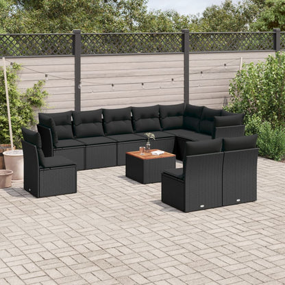 11-tlg. Garten-Sofagarnitur mit Kissen Schwarz Poly Rattan