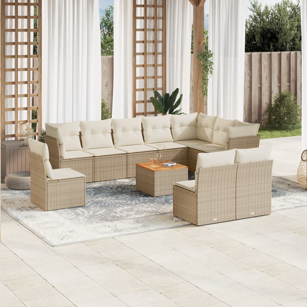 11-tlg. Garten-Sofagarnitur mit Kissen Beige Poly Rattan