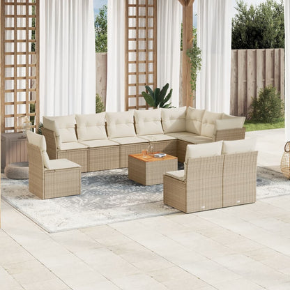 11-tlg. Garten-Sofagarnitur mit Kissen Beige Poly Rattan