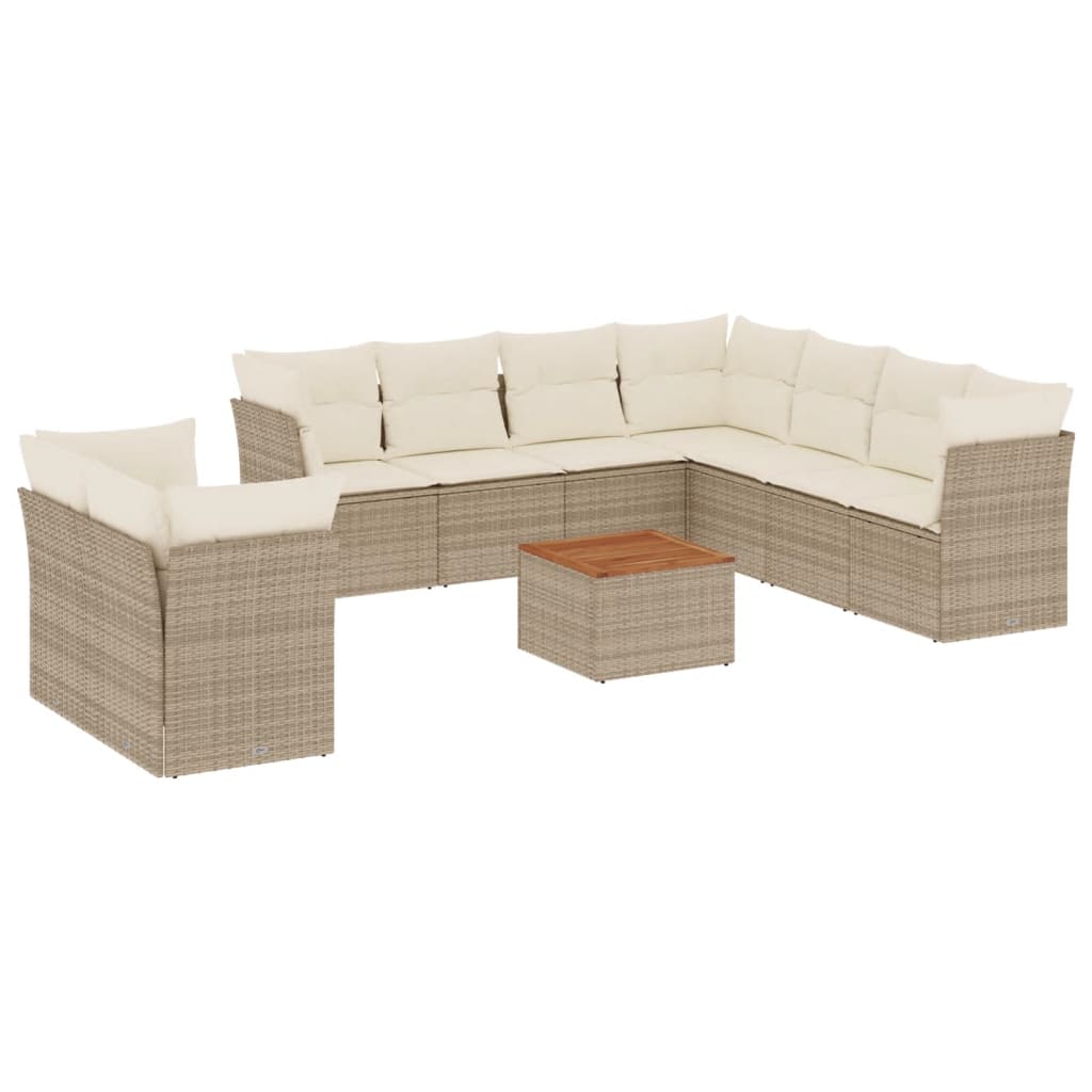 10-tlg. Garten-Sofagarnitur mit Kissen Beige Poly Rattan