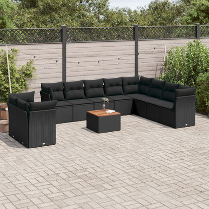 11-tlg. Garten-Sofagarnitur mit Kissen Schwarz Poly Rattan