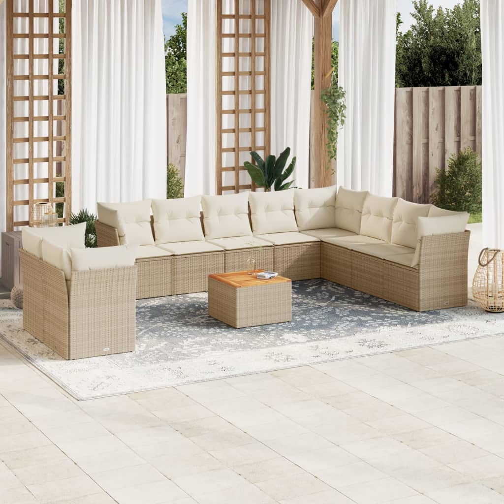 11-tlg. Garten-Sofagarnitur mit Kissen Beige Poly Rattan