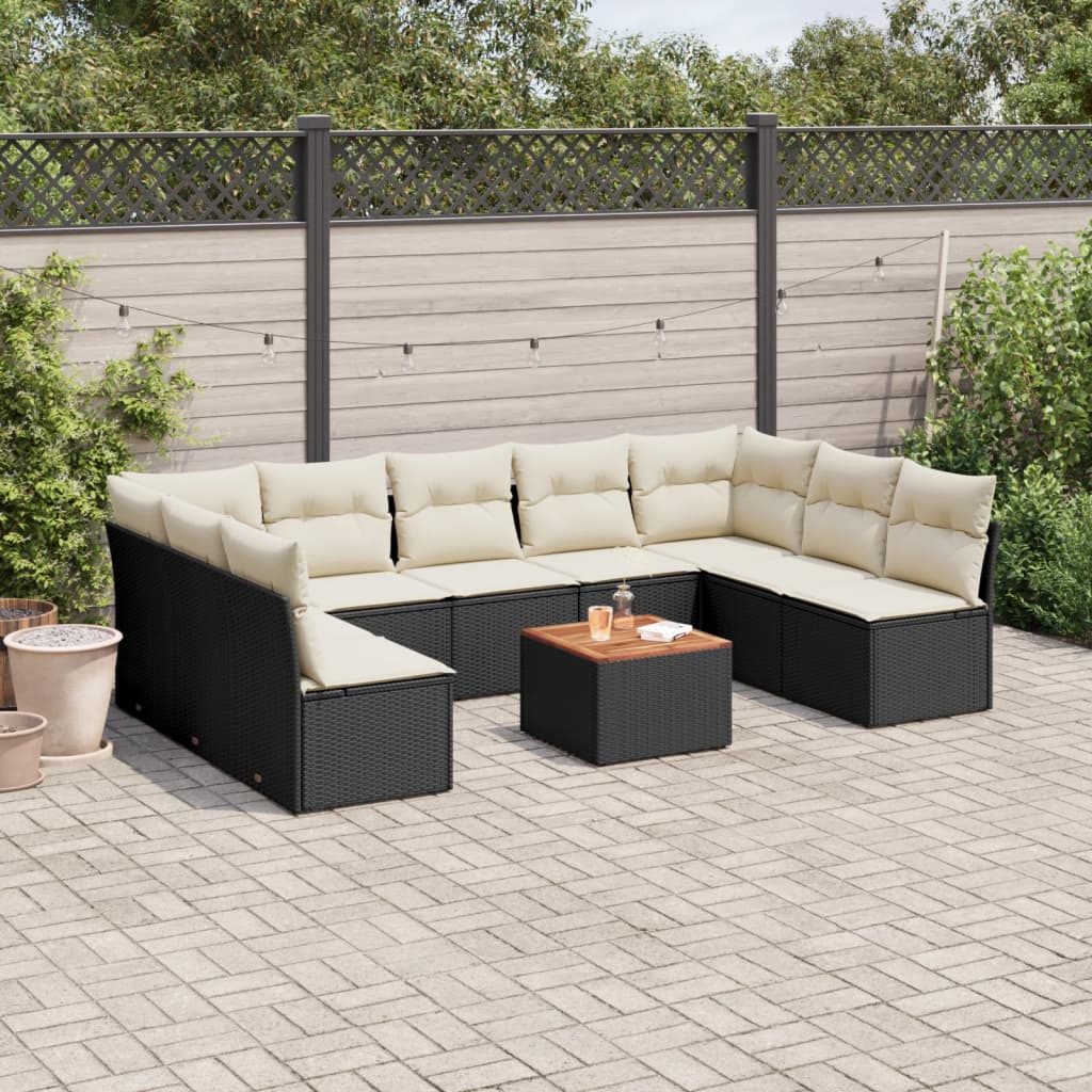 10-tlg. Garten-Sofagarnitur mit Kissen Schwarz Poly Rattan