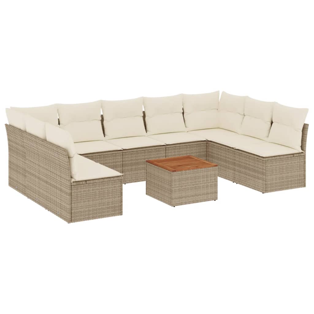 10-tlg. Garten-Sofagarnitur mit Kissen Beige Poly Rattan