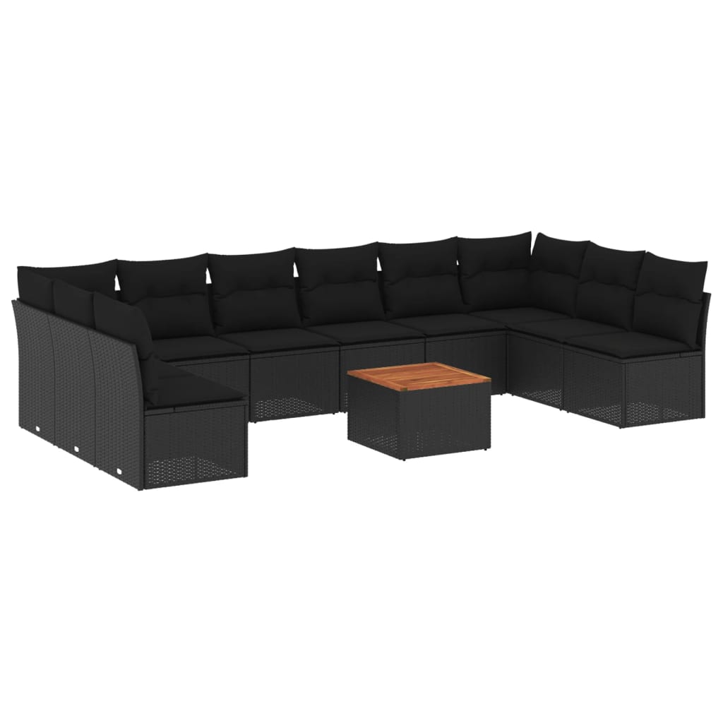 11-tlg. Garten-Sofagarnitur mit Kissen Schwarz Poly Rattan