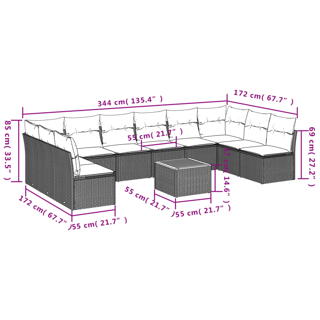 11-tlg. Garten-Sofagarnitur mit Kissen Schwarz Poly Rattan