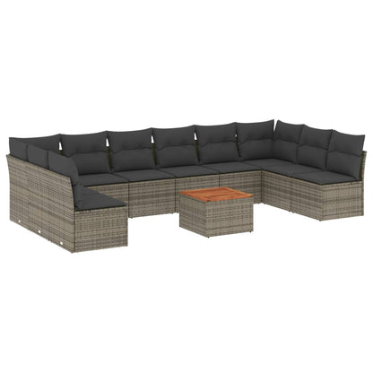 11-tlg. Garten-Sofagarnitur mit Kissen Grau Poly Rattan