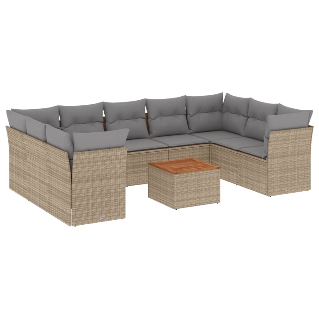 10-tlg. Garten-Sofagarnitur mit Kissen Beige Poly Rattan