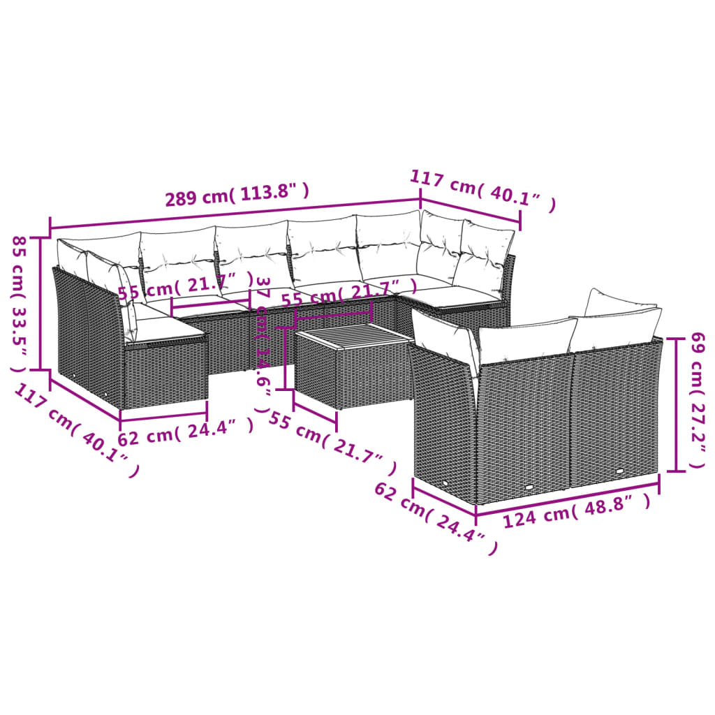 10-tlg. Garten-Sofagarnitur mit Kissen Grau Poly Rattan