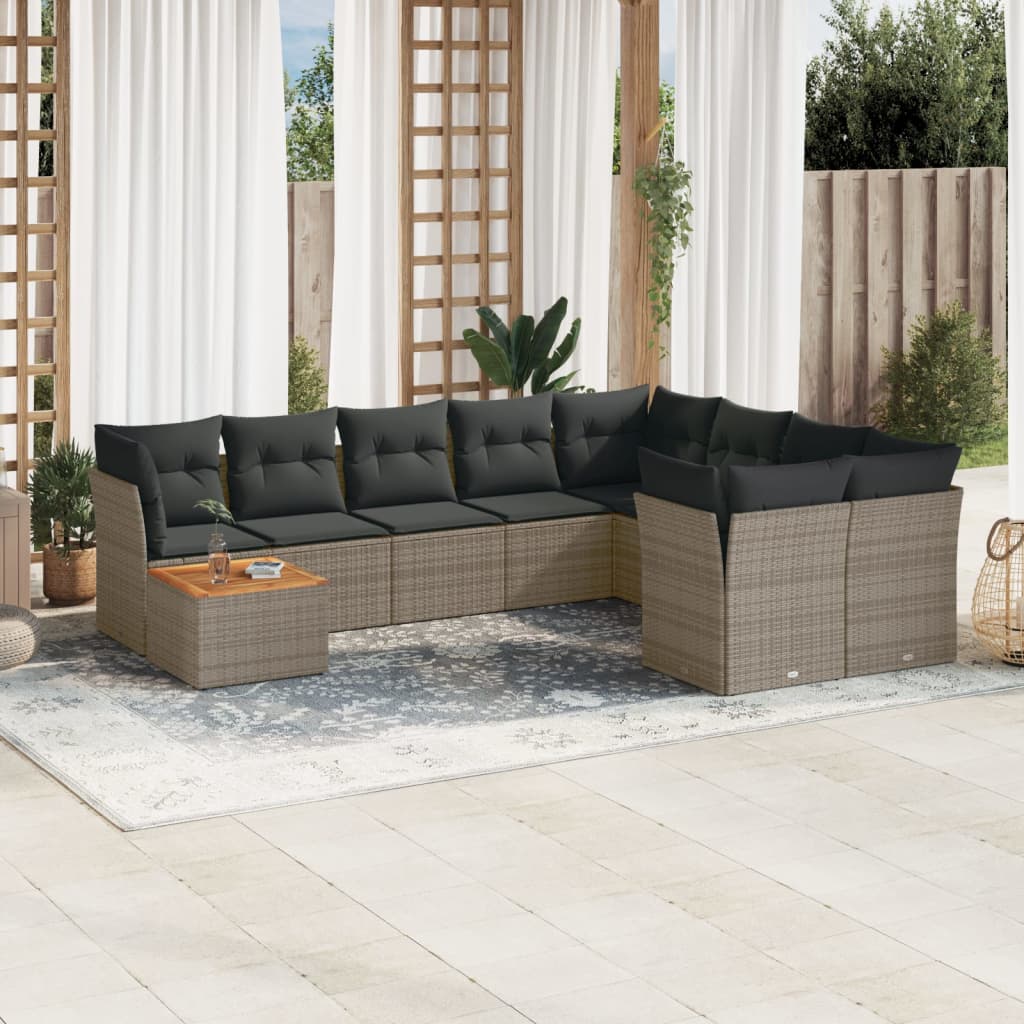 10-tlg. Garten-Sofagarnitur mit Kissen Grau Poly Rattan