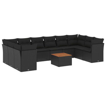 11-tlg. Garten-Sofagarnitur mit Kissen Schwarz Poly Rattan