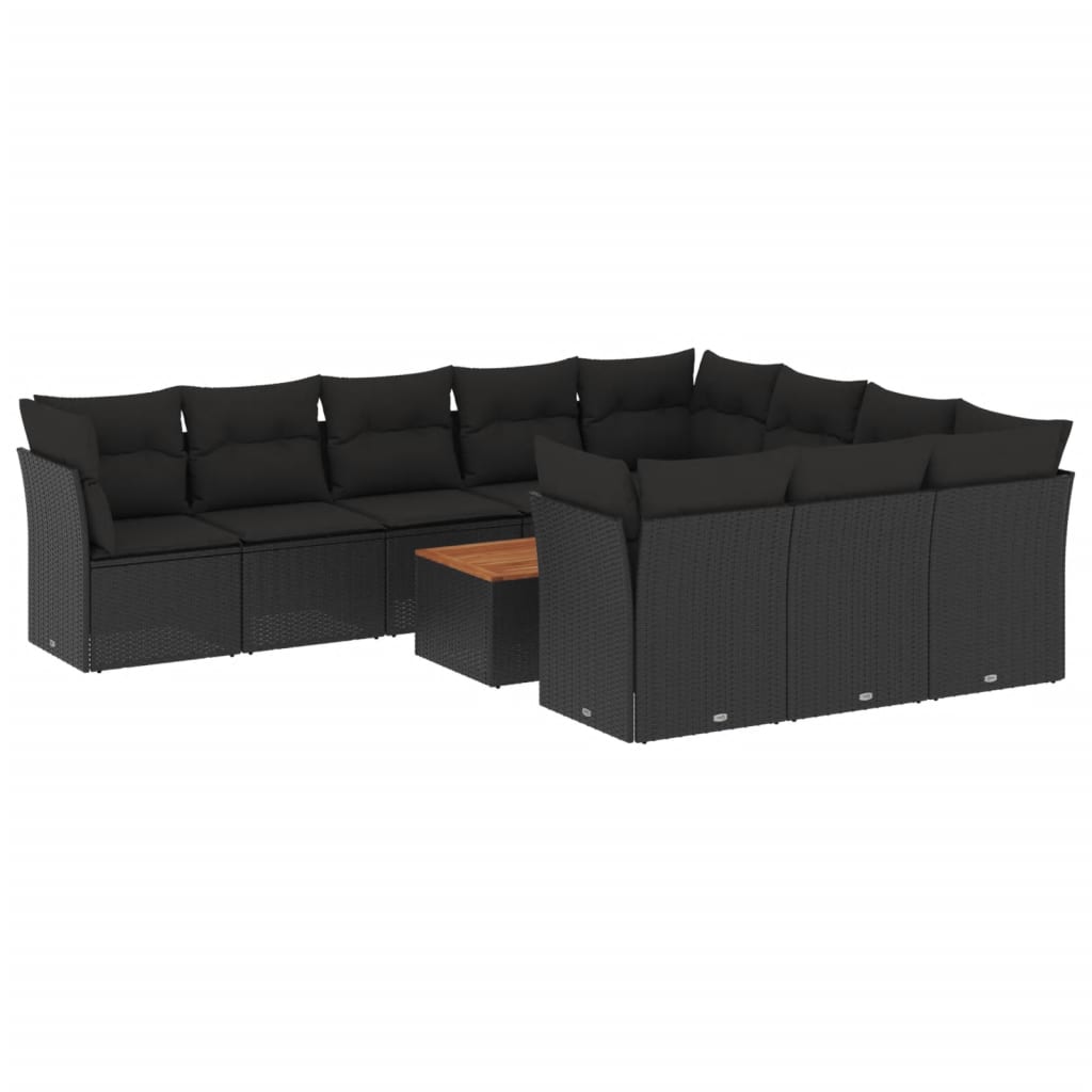 11-tlg. Garten-Sofagarnitur mit Kissen Schwarz Poly Rattan