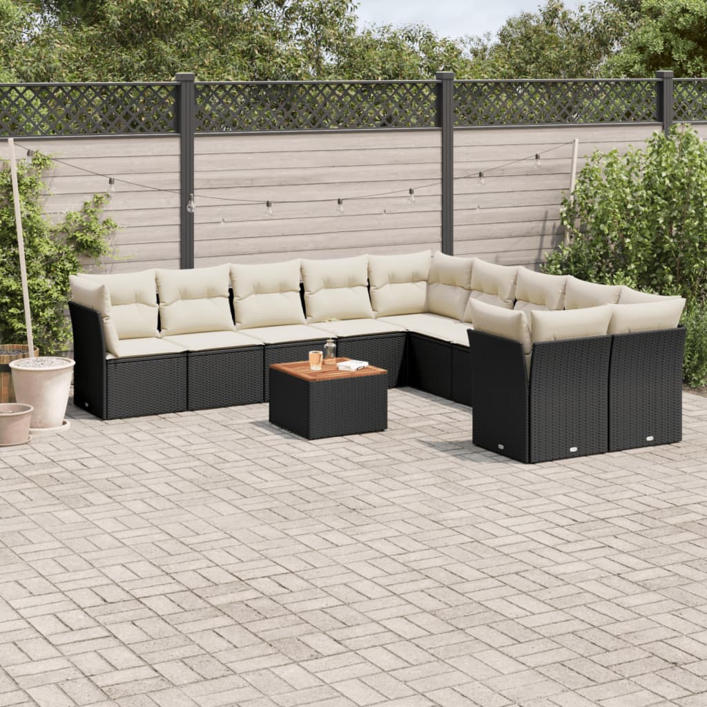 11-tlg. Garten-Sofagarnitur mit Kissen Schwarz Poly Rattan