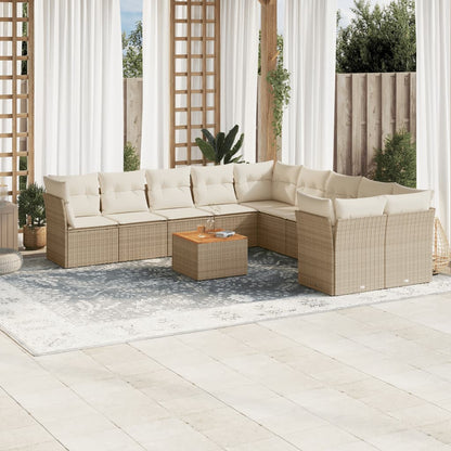 11-tlg. Garten-Sofagarnitur mit Kissen Beige Poly Rattan