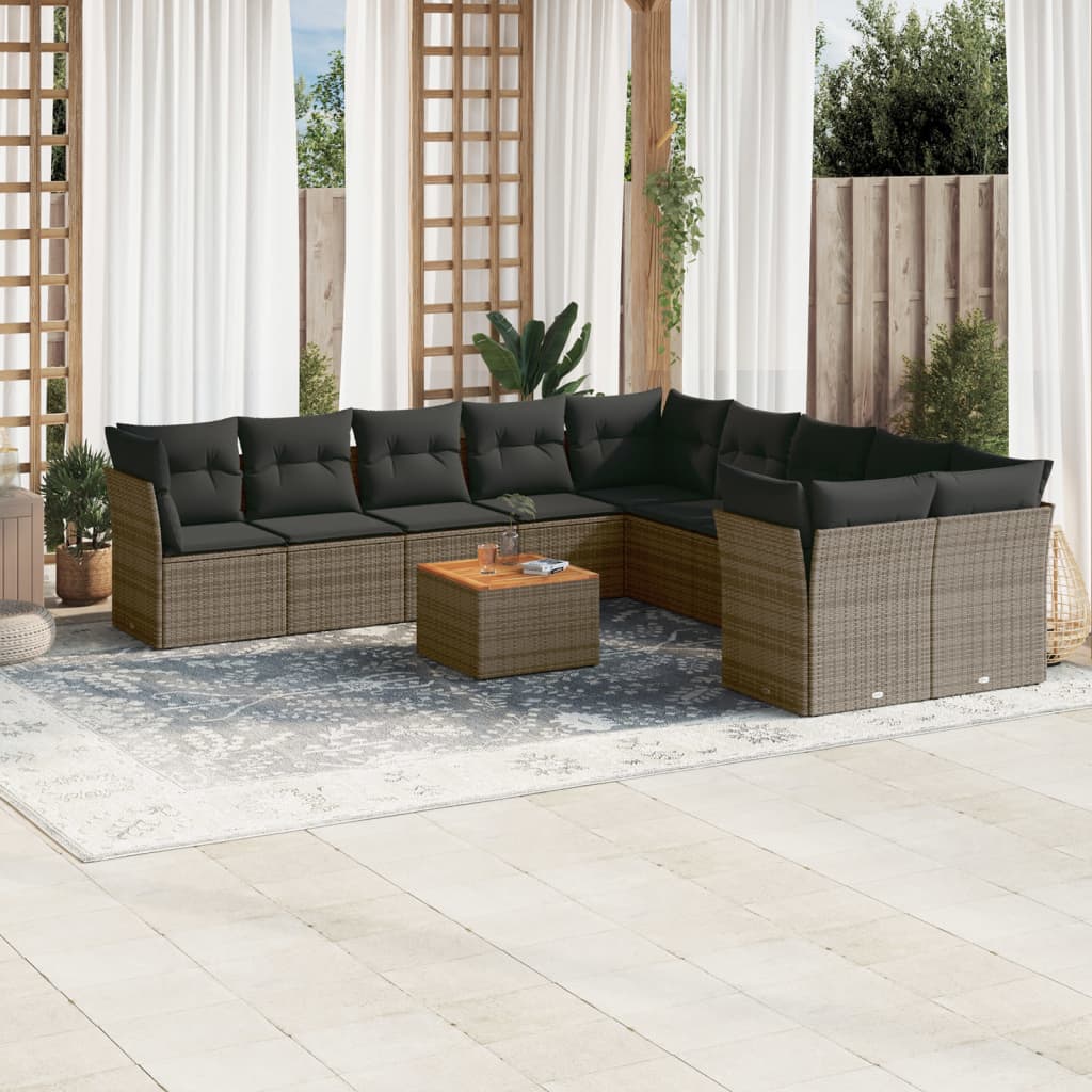 11-tlg. Garten-Sofagarnitur mit Kissen Grau Poly Rattan